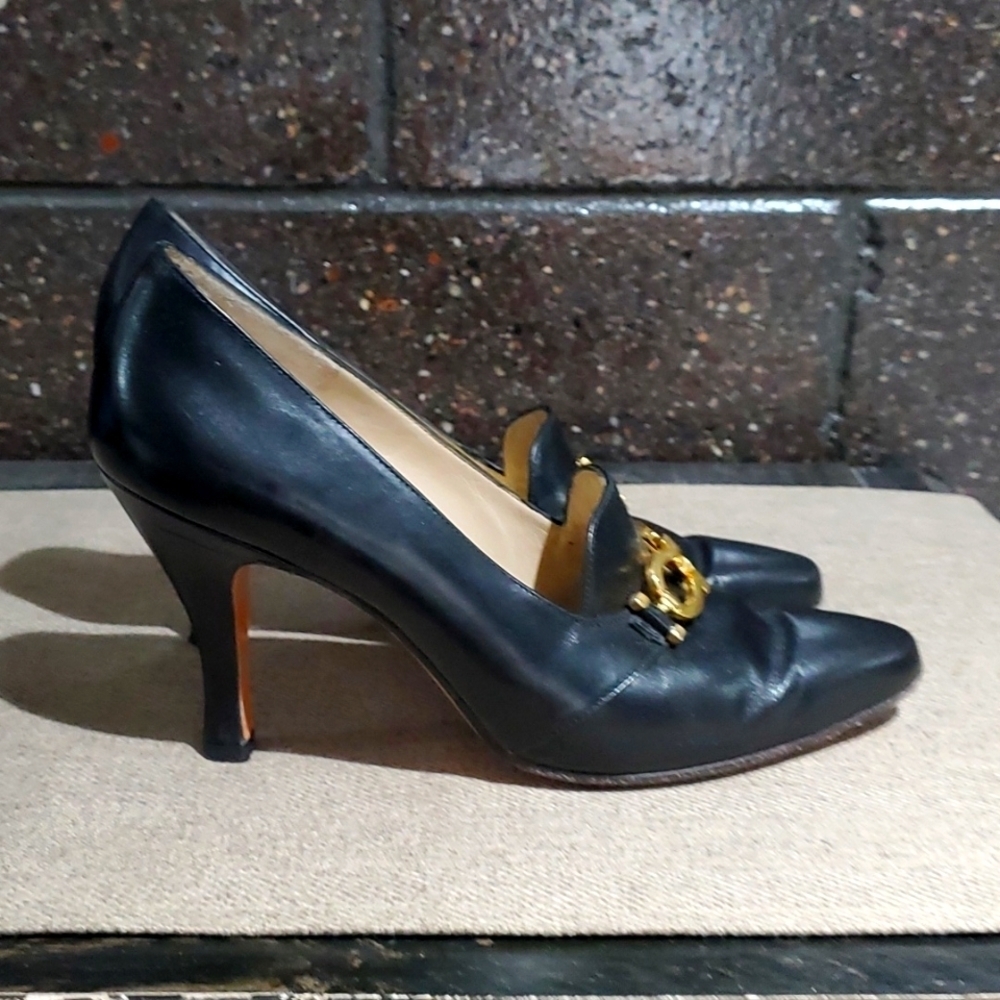 SALVATORE FERRAGAMO BLACK HEELS GOLD GANCINI HORSE BIT LEATHER OLD MONEY LUXURY - Picture 9 of 12